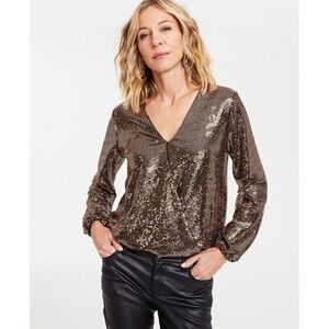 I.N.C. International Concepts Women's Surplice-Neck Metallic Bronze Black Top M